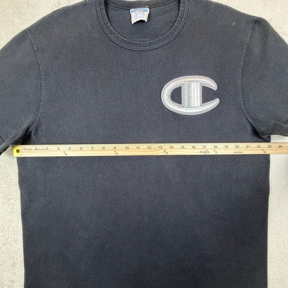 VINTAGE Champion Mens XL Big Logo‎ Embroidered T-Shirt Faded Black Short Sleeve - Picture 11 of 12